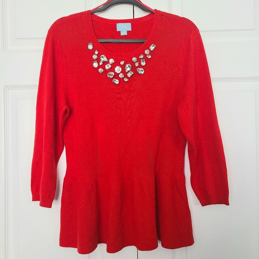 CECE Red Peplum Jewel Bling Collar Neckline Knit Pullover Holiday Sweater XL